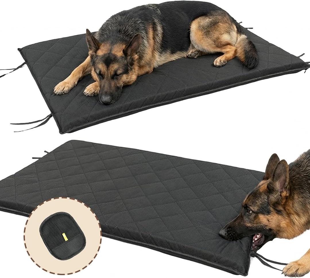 47"x28" Indestructible Dog Bed, Orthopedic High-Density Foam, Chew Resistant Waterproof Crate Mat, Corner Straps for Aggressive Chewers, Machine Washable with De-Shedding Glove, XL