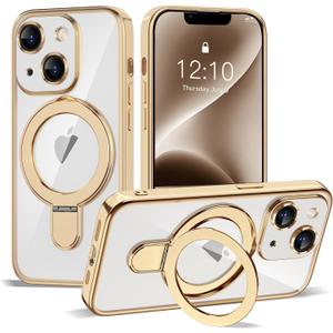 Compatible with iPhone 14 Case with Invisible Magnetic Ring Stand [Compatible with Mag-Safe] [Full Camera Lens Protector] Plating Clear Phone Case for iPhone 14 6.1", Gold