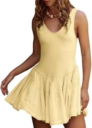 Gacaky Womens Sleeveless Mini Dress Casual Boho Ruffle Tiered Mini Dress High Waist Mini Skirts Golf Tennis Dresses with Built-in Shorts Yellow Medium size M