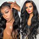 13x6 Body Wavy Lace Front Wigs 25 Inch 180% Density HD Pre Plucked Middle Part Curly Wavy Wig Natural Black Heat Resistant Synthetic Fiber Wig for Women Daily Party Use (Wavy, 30 Inch)