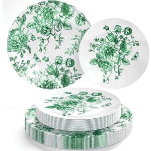 FYSUIMU 40Pcs Green Floral Plastic Plates Vintage Flower Reusable Plate Chinoiserie Dinner Dessert Plates for Birthday Baby Shower Party Supplies Table Decor