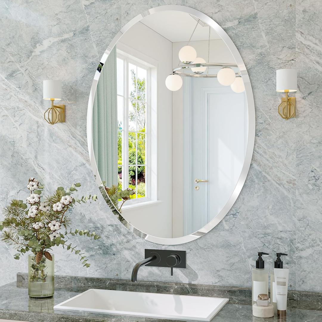 Frameless Oval Mirror, 22"x30" Bathroom Vanity Mirrors with Beveled Edge, Decorative Oval Wall Mirrors for Bedroom, Entryway, Living Room, Hangs Horizontally or Vertically