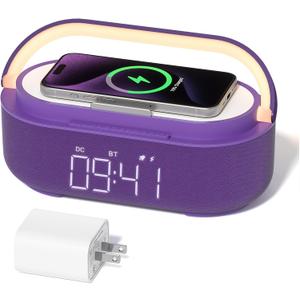 COLSUR Bluetooth Speaker Alarm Clock with Wireless Charger, FM Radio, Adjustable LED Night Light, 6 in 1 Bedroom Portable Speaker 2500mAh, Phone Stand for Bedside, Home, Office, Gift (Purple)