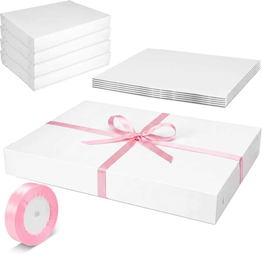 5 Set Full Sheet Cake Box 26 x 18 x 4 Inch with Cake Boards and Pink Satin Ribbon Large Rectangle Bakery White Bakery Boxes for Packaging Cupcakes Muffins Pie, 26 x 18.5 x 4 inches