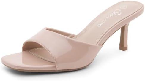 Shoe Land Women's Low Heels Stiletto Heeled Slides, Open Toe One Band Slip-On Heeled Mules – Dressy Heeled Sandals for Prom, Party Wedding and Vacation, Size 7