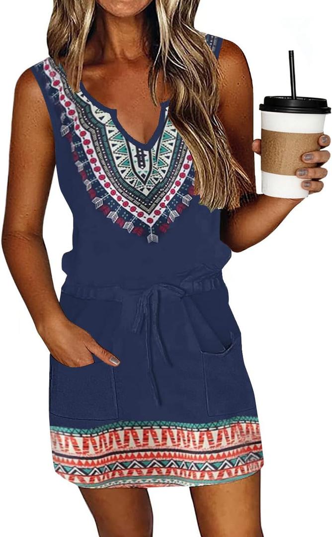 SAUKOLE Womens Sleeveless T Shirt Dresses Casual Cute Floral Print Short Dress Summer Fashion Front Pockets (Large, Bohe Navy)