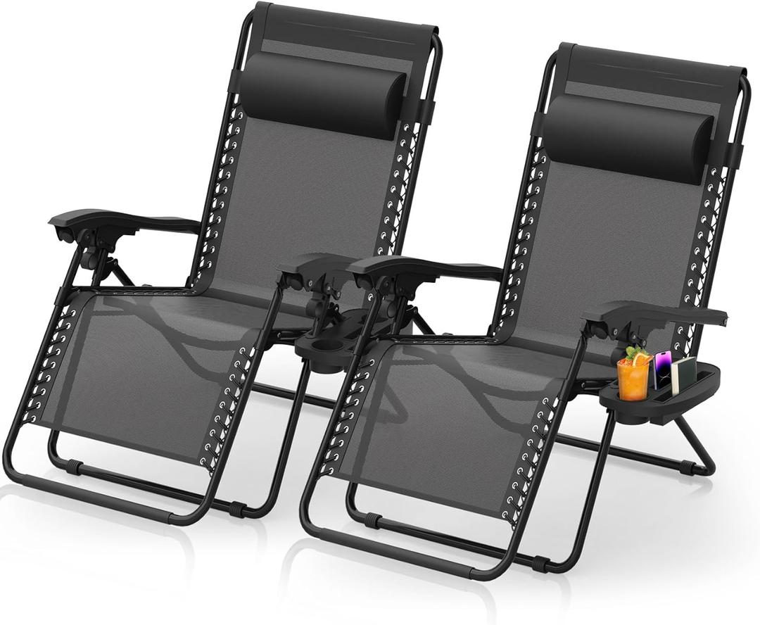 Suteck Zero Gravity Chairs Set of 2, Zero Gravity Lounge Chair w/Upgraded Lock, Big Cup Holder and Pillow, Reclining Patio Chairs Folding Recliner for Indoor and Outdoor (Black)