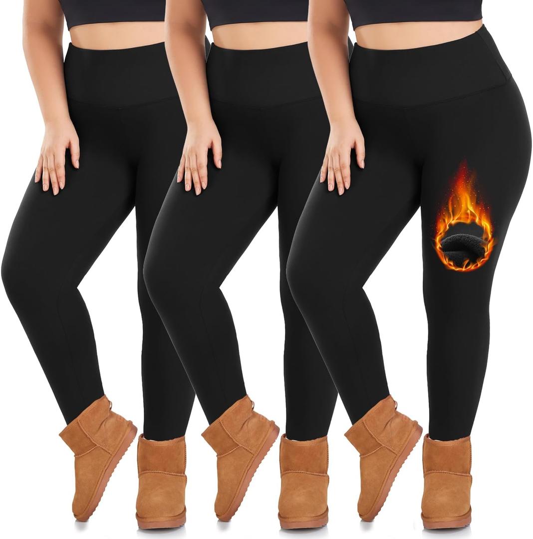 we fleece 3 Pack Plus Size Fleece Lined Leggings Women -Stretchy Warm Winter Yoga Pants Thermal Leggings (Black/Black/Black,2XL)