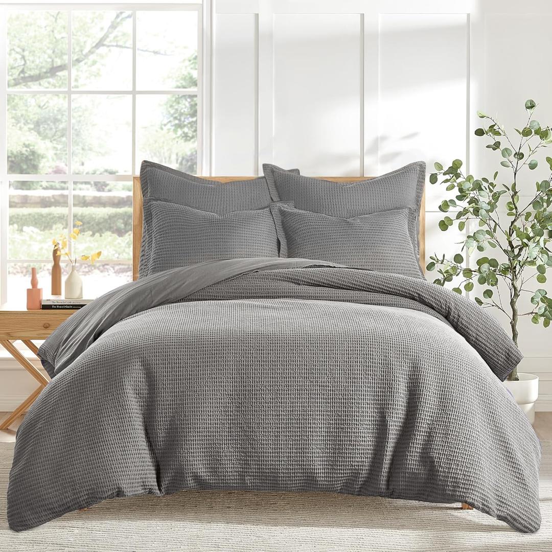 Levtex Home Cloud Waffle Full/Queen Comforter Set (90x94in) with 2 Pillow Shams (26x20in) - Solid Waffle Cotton Texture - Grey - 100% Cotton Full/Queen Size Comforter Set - Soft, Pre-Washed