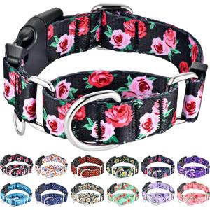 Martingale Collar for Dogs Pink Floral Dog Collar for Large Dogs with Buckle Girl Female Soft Nylon Dog Collars (Black Pink Rose, L)