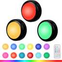 RGBW Color Changing Puck Lights with Wireless Remote - 16 Colors Dimmable Under Cabinet, Battery Powered LED Push Puck Lights with Timer & Memory Function, Black (3 Pack)