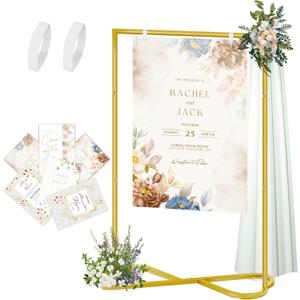 Wedding Welcome Sign Stand, Adjustable Welcome to Our Wedding Poster Holder with Hanging Straps, Sign Rack, Heavy Duty Easel Stand for Sign, Wedding Seating Chart Stand, Easel for Display, Gold