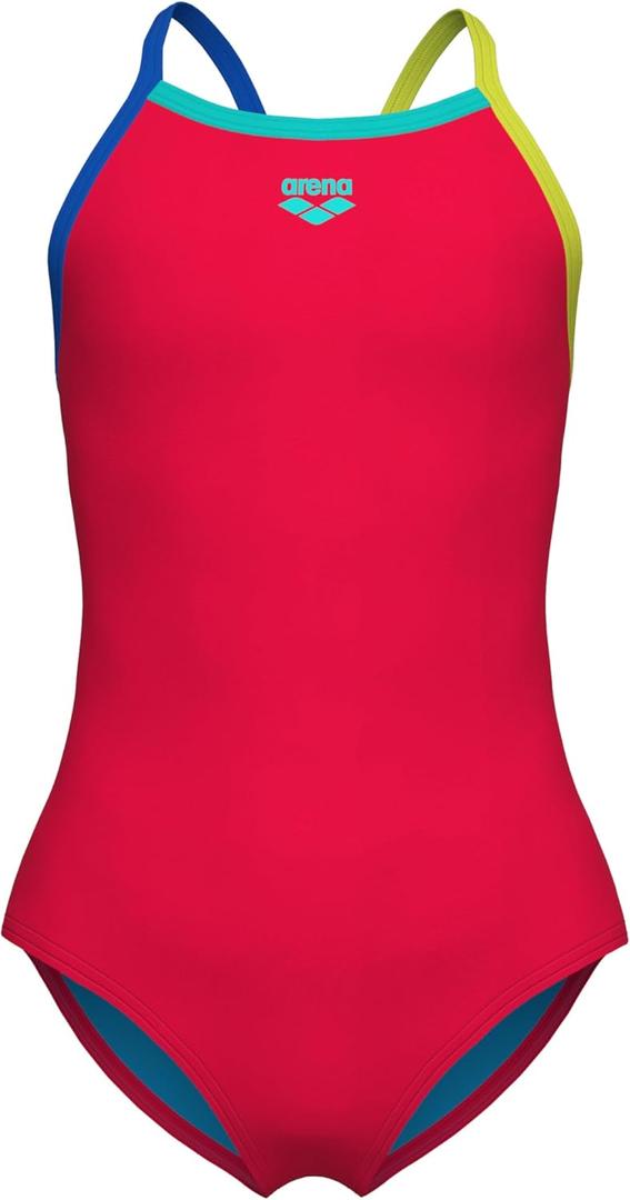 ARENA Feel Girls' Youth Light Drop Back Solid Swimsuit Waterfeel Fabric Comfortable One Piece Suit Pool or Beach (14 Years, Fluo Red/Blue China/Soft Green)