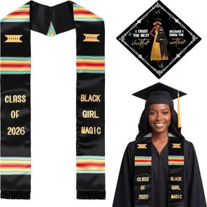 Dunzoom 2026 Kente Graduation Stole and Cap Black Girl Magic Stole Sash African Inspirational Custom Women