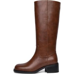 Knee High Boots Women Square Toe Chunky Block Heel Banana Campus Boot Wide Calf Comfortable Low Heel Riding Long Boots (7, Brown)