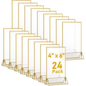24 Pieces Gold Clear Acrylic Sign Holder Double Sided Menu Holder with Gold Borders Clear Sign Display Holder Acrylic Gold Table Number Holders for Wedding, Cards, and Photo Display (Vertical)