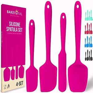 BakeRoyal Silicone Spatula Set - 4-Piece Rubber Spatulas Silicone Heat Resistant 600°F for Everyday Task - Seamless Design Kitchen Spatulas for Nonstick Cookware - Pink