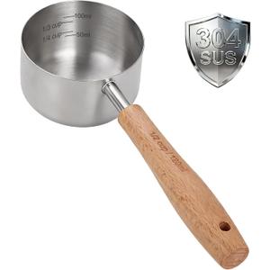1PCS 1/2Cup(120ml | 4oz) Dog Cat Food Scoop, 18/8(304) Stainless Steel Measuring Cup with Wooden Handle, Etched Measurements Inside, BPA Free Portion Control for Pets & Kitchen Use