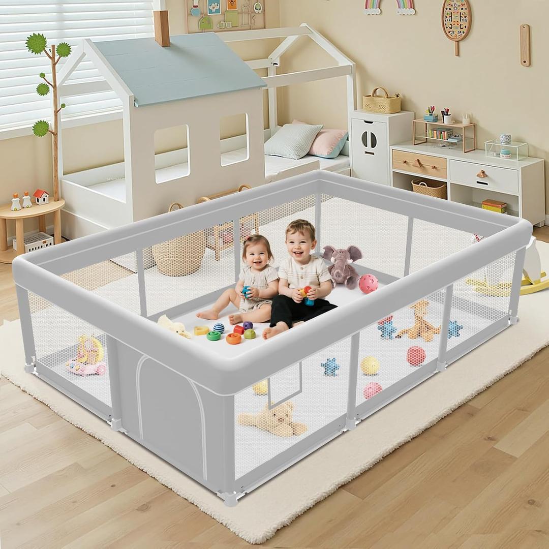 Baby Playpen 74x50 Inch, Playpen for Babies and Toddlers, Play Pen Indoor & Outdoor Active Center, Sturdy Safety Playard with Anti Slip Suction Cups, Skin-Friendly Fabric, Large Space Baby Fence (Dark Grey)