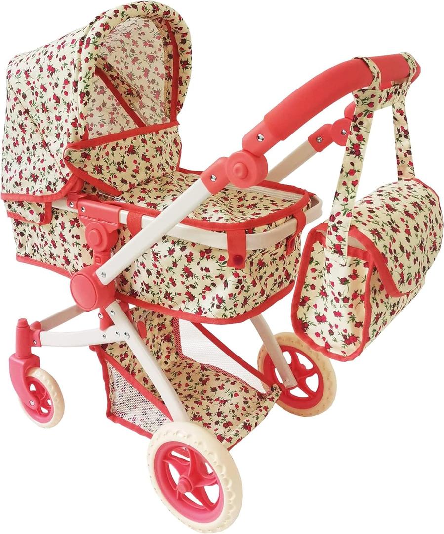 Convertible Combo Baby Doll Stroller for 3 Year Old Girls & Up | Play Toy Baby Stroller for Dolls, Folding Adjustable Bassinet Carriage Buggy with Storage Basket Converts to Sit Up Pushcart Pram, Red (Floral)