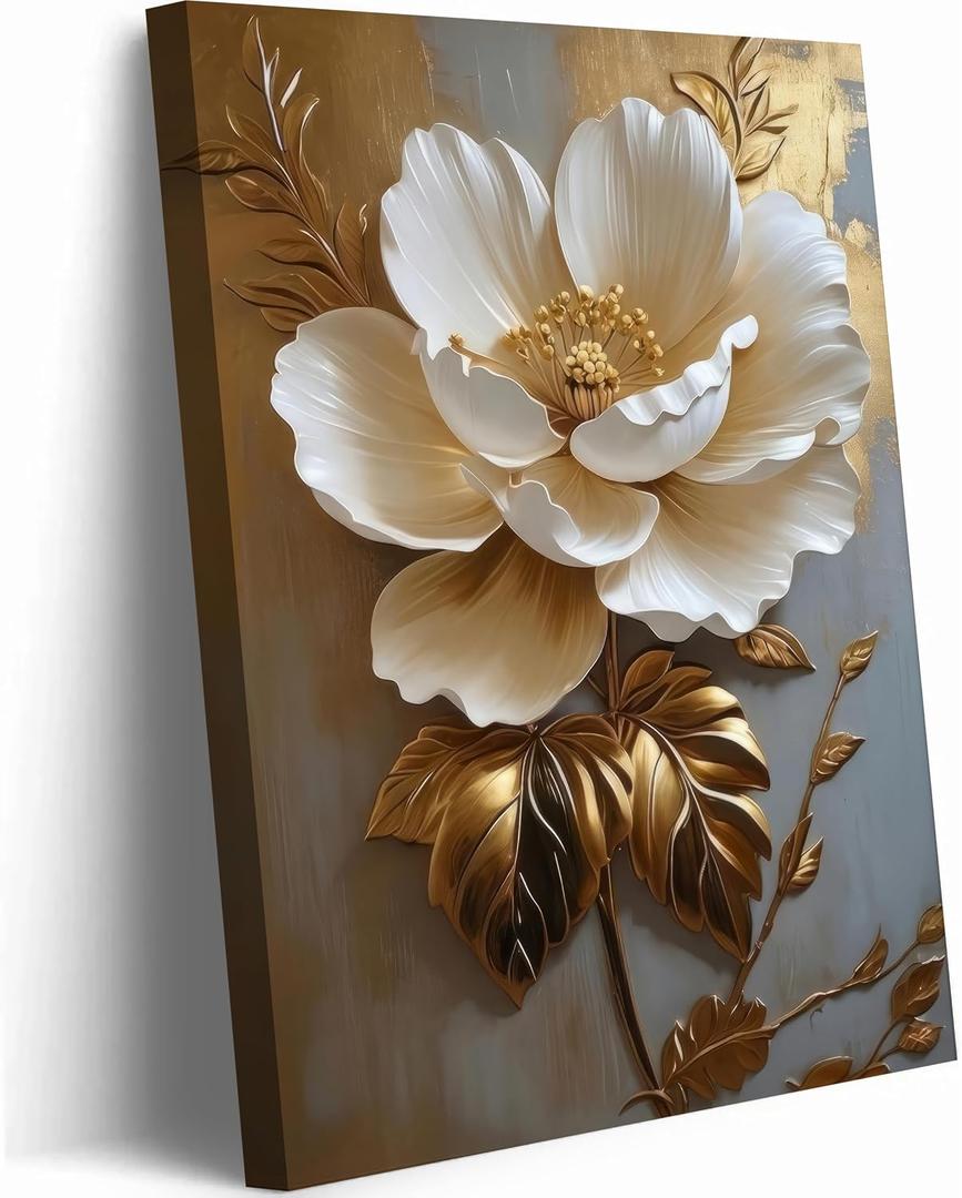 RDXLTOFO 3D Floral Canvas Wall Art White Flower Wall Decor with Gold Leaves Modern Abstract Botanical Painting for Living Room Bedroom Office Elegant Textured Artwork Ready to Hang 16x24 Inch