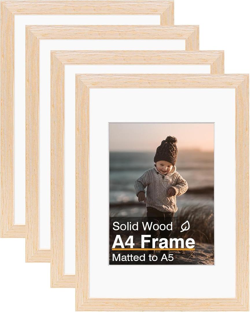 KINLINK A4 Picture Frame, White Oak Solid Wood Frames with Acrylic Plexiglass for Pictures A5 with Mat or A4 without Mat, Tabletop and Wall Display Photo Frame 4 Pack