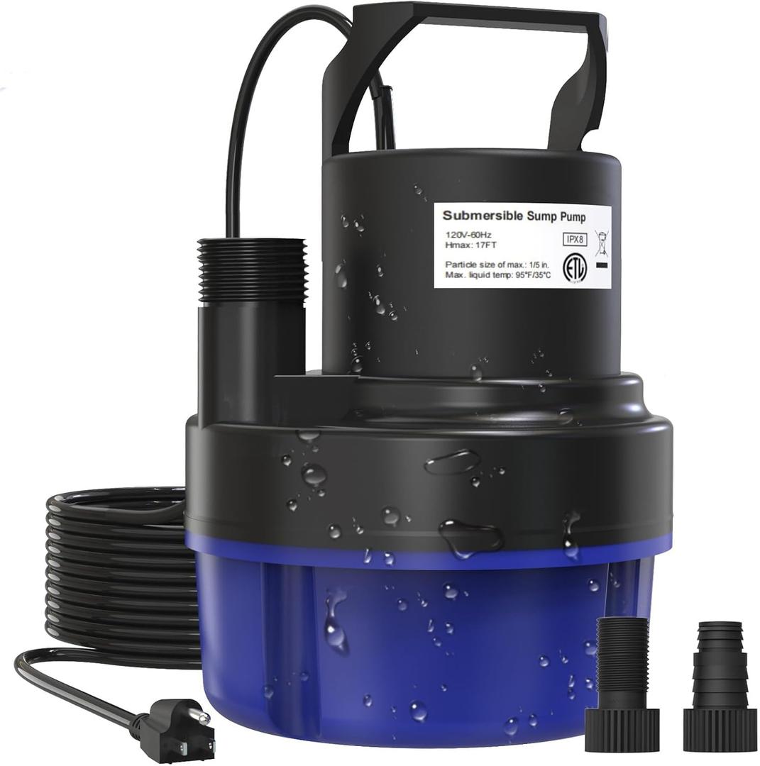 Submersible Sump Pump, 1HP 3200GPH Portable Water Pump Clean Dirty Water, Utility Pump with 25 FT Cord for Swimming Pool, Boats, Garden, Basement, Flood, Ponds (Blue)