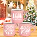 Whaline 3Pcs Pink Christmas Mini Mugs with Plaid Ribbon Christmas Tree Snowflake Mini Coffee Mug for Xmas Winter Table Centerpieces Tiered Tray Decor Gifts