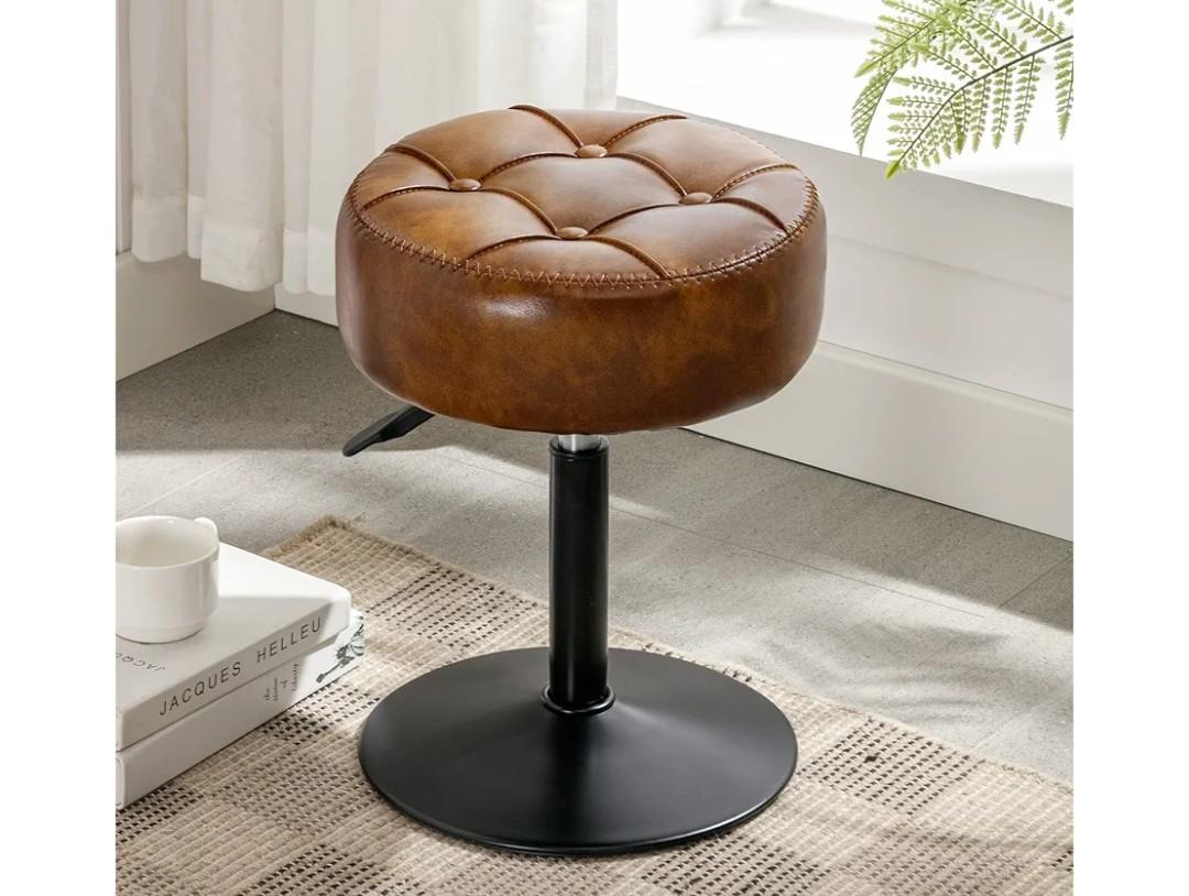 LUE BONA Adjustable Vanity Stool, 360°Swivel Vanity Chair for Makeup Room, Brown Stool Chair for Vanity, Small Faux Leather Vanity Stools for Bathroom, Living Room