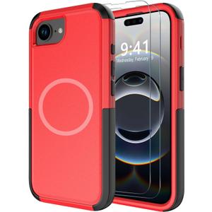 Diverbox for iPhone 16e Case [Compatible with MagSafe] [Shockproof] [Dropproof] [with Screen Protector ] Heavy Duty Protection Phone Case Cover for Apple iPhone 16e 2025 6.1 inch (Red)