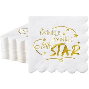 Sayglossy 100 Pcs Gold Foil Gender Reveal Napkins Scalloped Disposable Paper Cocktail Baby Shower Napkins Twinkle Twinkle Little Star Baby Shower Decorations, 2 Ply, 10 x 10 Inches