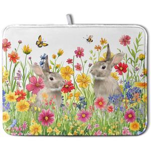 Easter Dish Drying Mat for Kitchen Counter Easter Bunny Flowers Dish Drying Pad Spring Rabbit Floral Dishes Drainer Mats Absorbent Microfiber Kitchen Countertop Protector Drying Mats 18x24 in (18" x 24")
