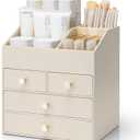 Vlando Makeup Organizer Countertop,Large Vanity Organizer PU Leather Make up Storage with 4 Drawers Perfume Organizers Cosmetic Display Case for Lipstick,Brushes,Bedroom-Beige
