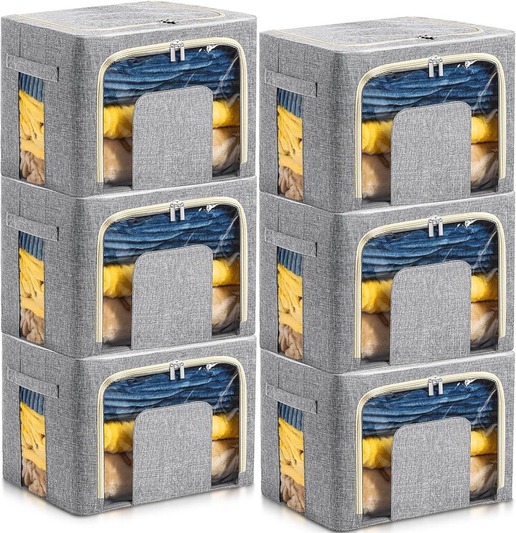 Paterr 6 Pack 40L Stackable Clothing Storage Bins Sturdy Folded Clothes Organizer Linen Collapsible Boxes for Closet, Bedroom with Zippers Clear Window Reinforced Handles Hold Shape Metal Frame Grey