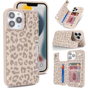 iCoverCase Compatible with iPhone 13 Pro Max Phone Case with Card Holder, Wallet Case for Women Men RFID Blocking PU Leather Protective Case 6.7 Inch (Beige Leopard)