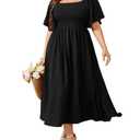 SHESTARR Women's Plus Size Dress Short Sleeve Square Neck Smocked Side Split Flowy A Line Long Maxi Dress Black 3XL