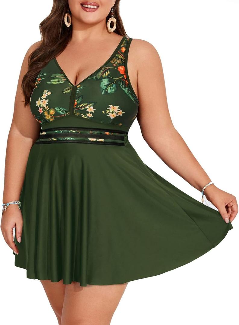 Hanna Nikole Women Plus Size Swim Dress with Boyshorts Flowy Two Piece Swimsuits Bathing Suits Olive Green Print 18 Plus