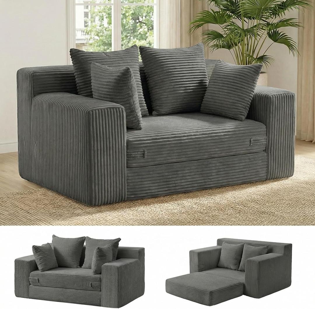 cidludto Boneless Couch Loveseat Sleeper, Convertible Sofa Bed Folding Couch Bed Foldable, 2 in 1 Boneless Chair Bed & Futon Sofa Bed, Small Pull Out Sofa with 4 Pillows for Living Room, Grey | No Assembly, Convertible, 2 in 1, Pull Out Handle, 4 Pillows, Loveseat-55''