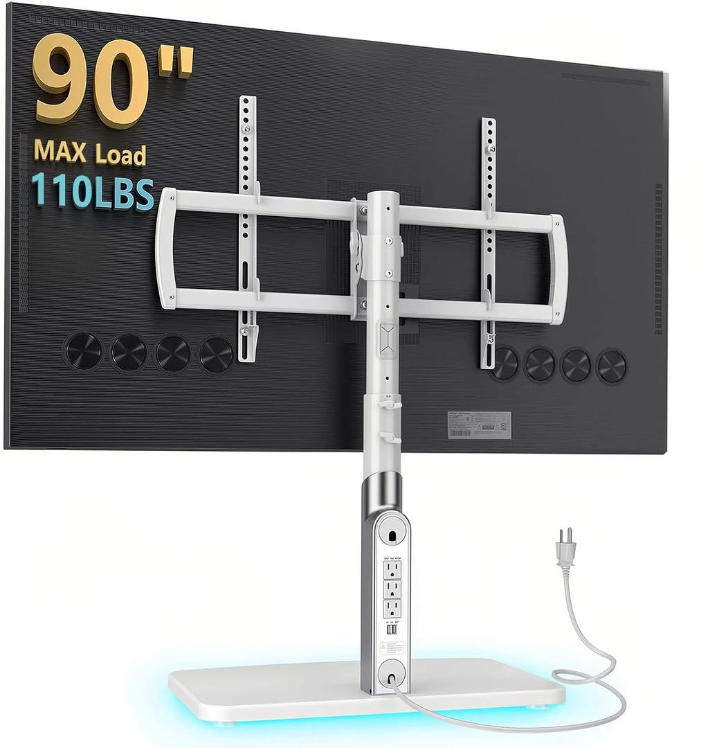 Universal TV Stand Tabletop TV Mount with Power Outlet for 50-90 Inch OLED LED Monitors, 9 Levels Height Adjustment, Ambient Lighting on The Bottom Holds up to 150lbs, White Max Vesa 600x400mm