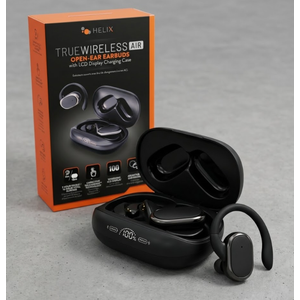 Helix True Wireless Air Open-Ear Earbuds wit LCD Display Charging Case, Black
