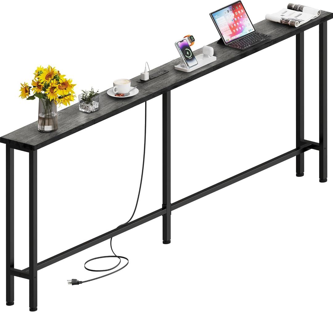 GRLEAF 70" Sofa Table with Built-in Power Strip (2 AC Outlets & 2 USB Ports) 4.9ft Power Cord, Metal Frame, Easy Assembly, Long Couch Table Behind Sofa, Living Room and Home Office | Charcoal Gray