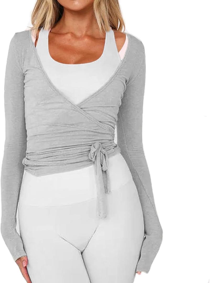 Women Wrap Tie Top Y2k Long SLeeve Ballet Workout Yoga Shirt Coquette Blouses, Size M