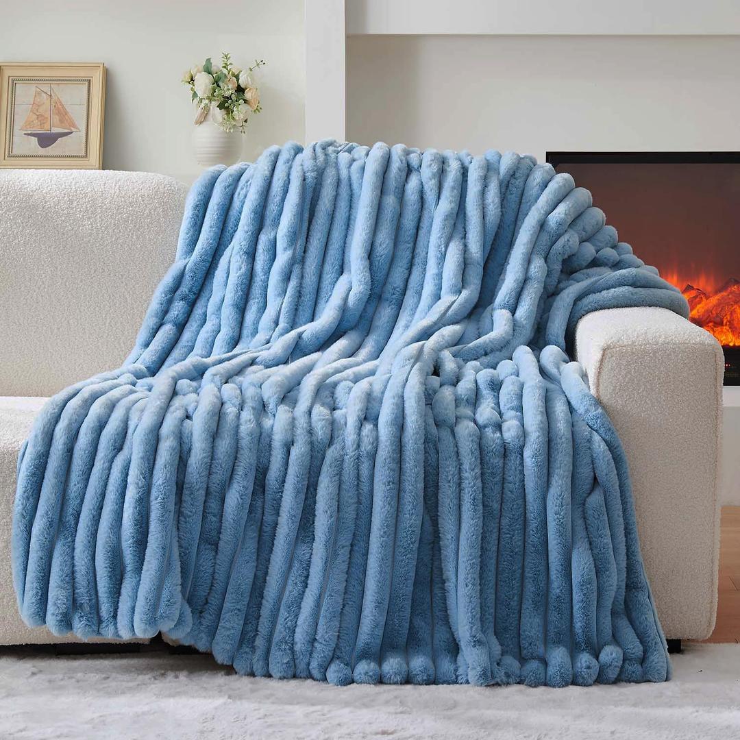 Lotus Karen Faux Fur Twin Blanket for Couch, Cozy Soft Fluffy Fuzzy Blue Blanket, Striped Warm Thick Furry Plush Shaggy Small Blankets for Women, 60x80 Inches