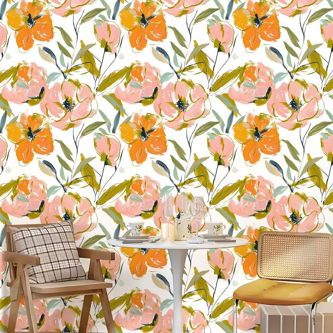 Floral Peel and Stick Wallpaper, Peony Renter Friendly Contact Paper for Cabinet, Shelf Liner and Drawer, Boho Removable Accent Wall Decor for Kitchen and Bathroom, White/Pink/Orange, 17.5 x 118