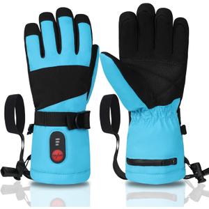 Kids Heated Ski Gloves, 3-Heat Settings, Rechargeable, Water Resistant, Windproof, Ideal for Skiing, Snowball Fights, Cycling (XX-Small, Blue)