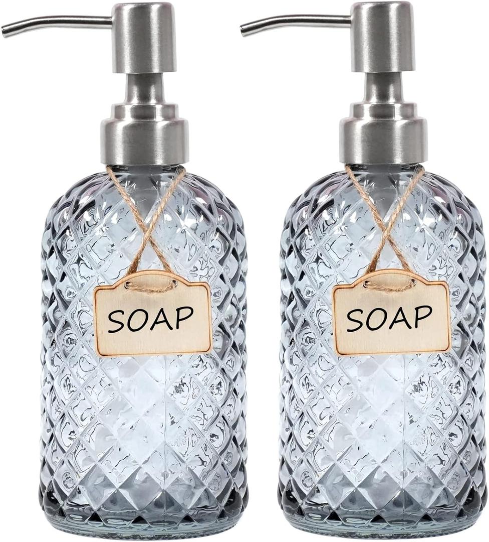 Bathroom & Kitchen Glass Hand and Dish Soap Dispenser with 304 Rustproof Stainless Steel Pump (Grey-2pack) (Gray)