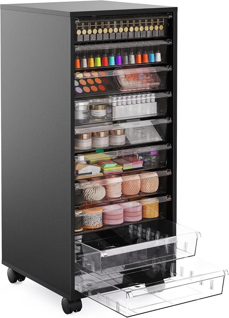 WOPITUES Storage Drawer Cart, Mobile Storage Cabinet, Makeup Storage with 10 Large Clear Drawers, Utility Wooden Rolling Cart on Wheels, for Cosmetic, Art Craft, Office Supplies, Toy, Black