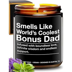 World's Coolest Bonus Dad Candle, Unique Sentimental Father's Day & Birthday Gift for Step Dad, Thoughtful Gifts for Father in Law, Best Presents for Birthday, Christmas, Special Occasions, Gift Ready, Set Of 2