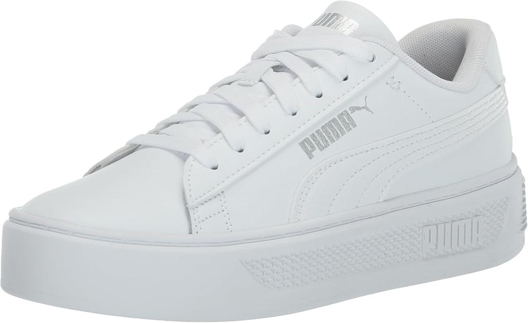 Puma Womens Smash V3 Platform Lace Up Sneakers Shoes Casual (10, Puma White-Puma White-Puma Silver)