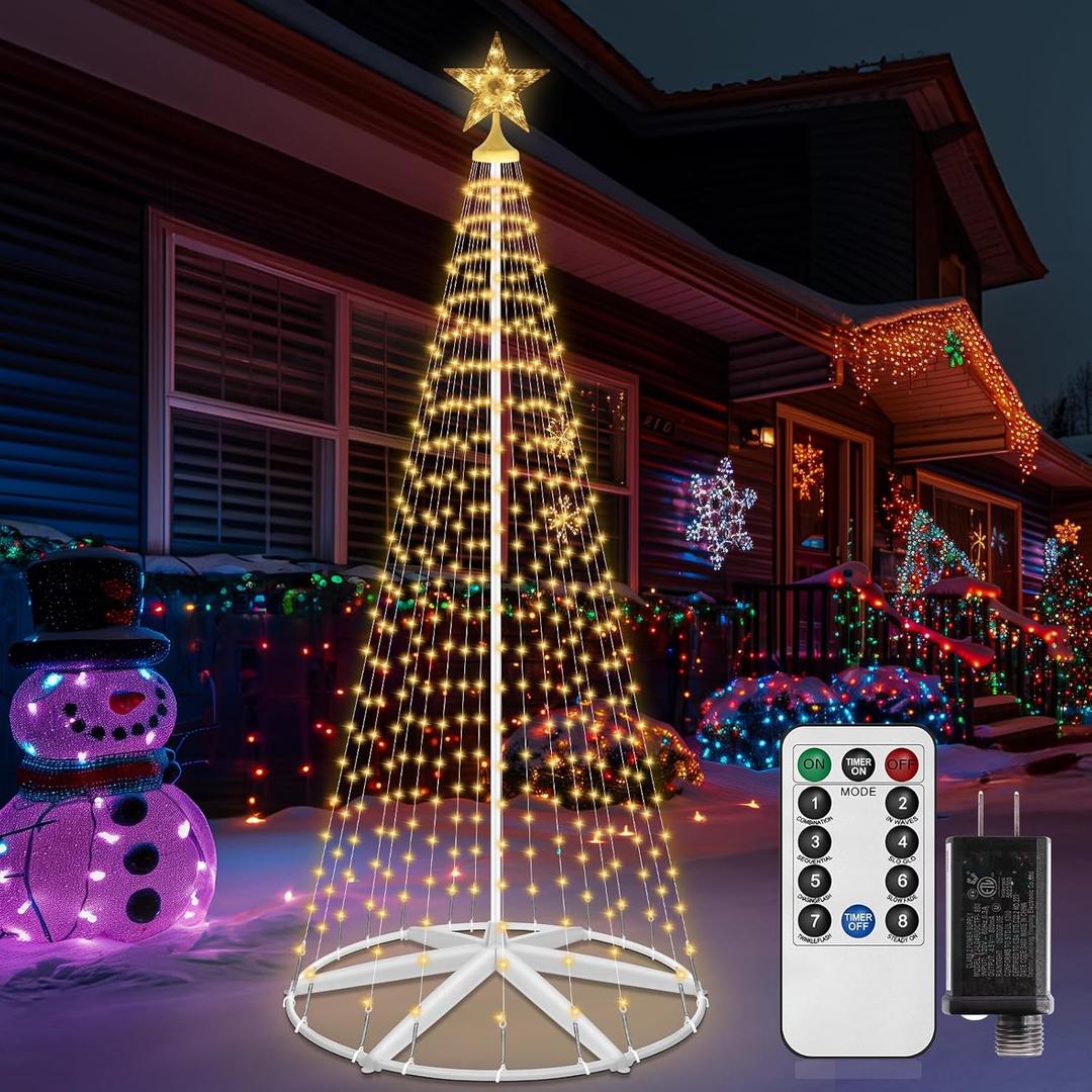 8Ft 442 LEDs Christmas Cone Tree Lights, Outdoor Christmas Tree with 8 Modes Timer Remote, Artificial Christmas Trees for Indoor Outdoor Xmas Decorations,Warm White